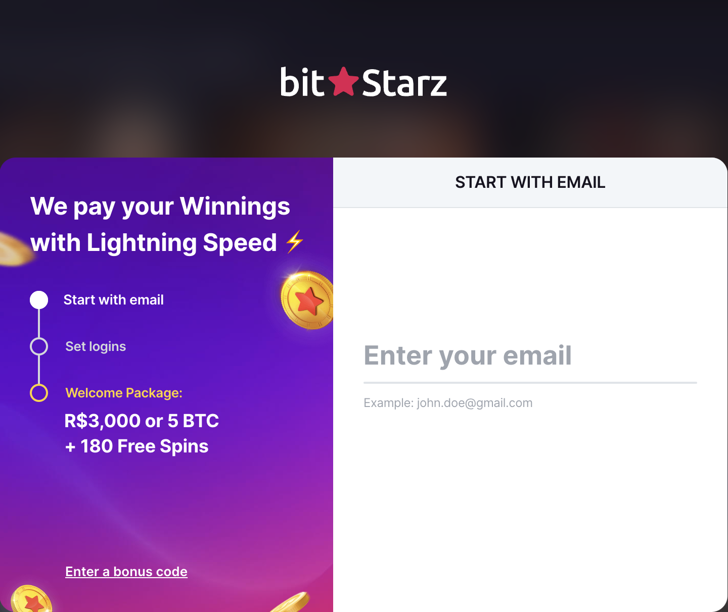 Форма регистрации в казино Bitstarz